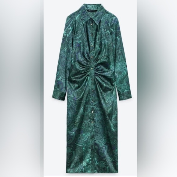 Zara Dresses & Skirts - ZARA green satin paisley print ruched shirt dress size large